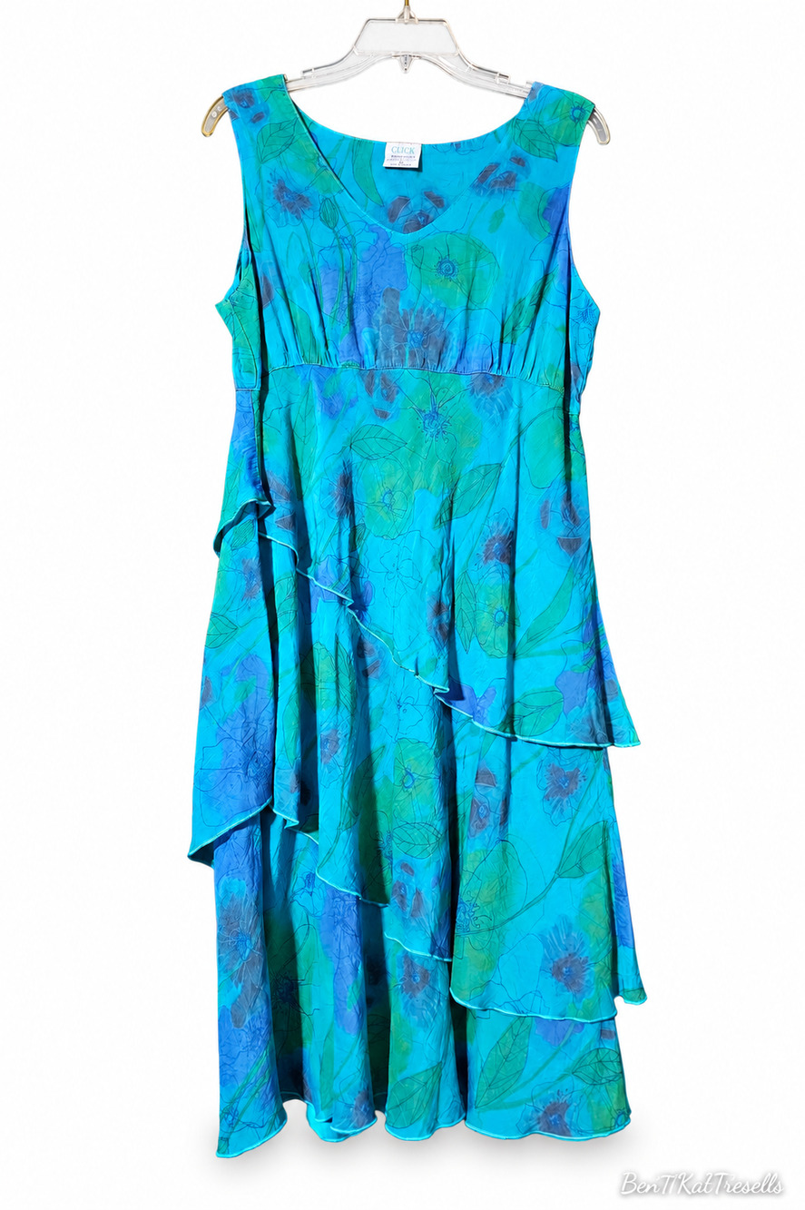 CLICK Color Me Cotton Blue Floral Tiered Cupro Rayon Dress USA Large Artsy Boho